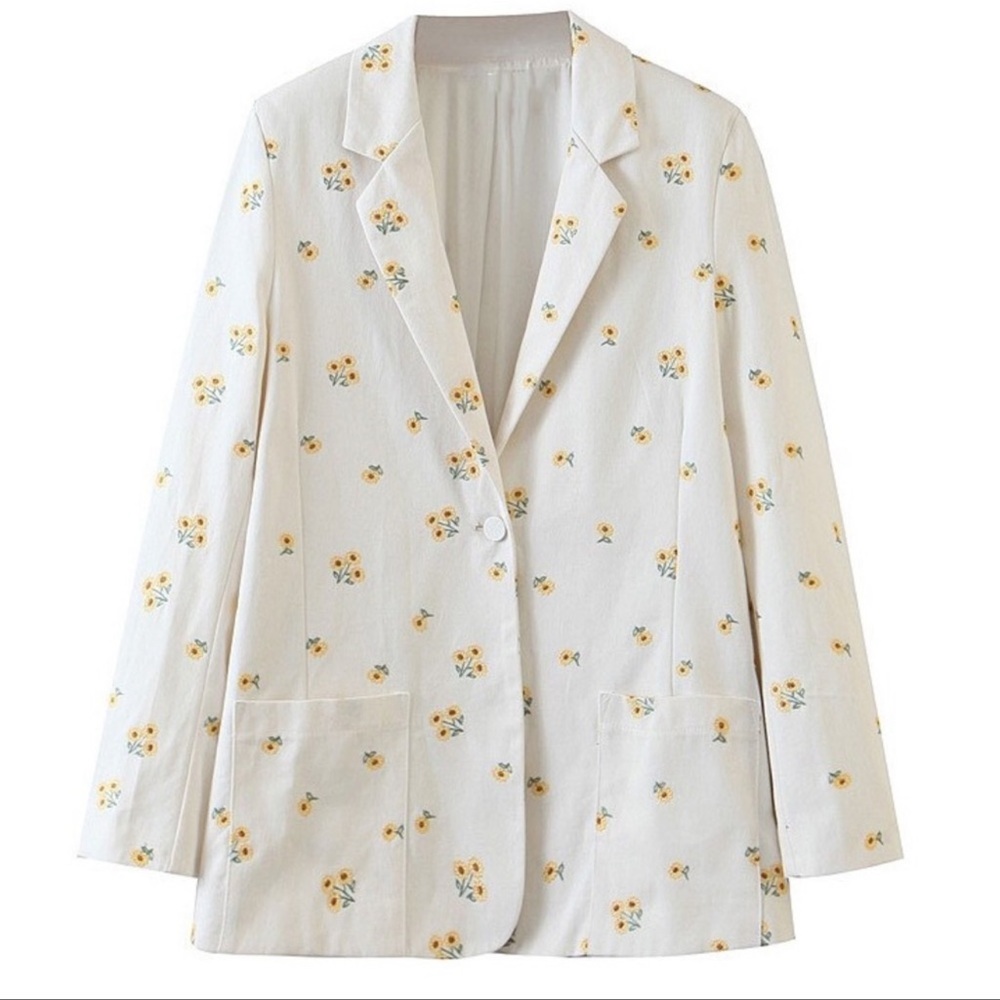 For Love and Lemons Daisy Embroidered Cream Twill Boyfriend Blazer Jacket